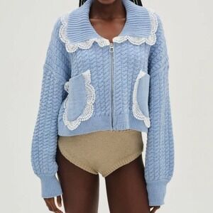 For Love & Lemons Tierra Knit Jacket Blue Chenille Cable Lace Collared Small
